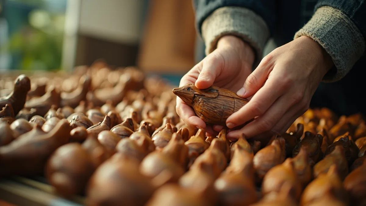 A person carefully selects a unique handcrafted item from many similar ones, illustrating “exceptional selection” in Chinese: 百里挑一 (bǎi lǐ tiāo yī)