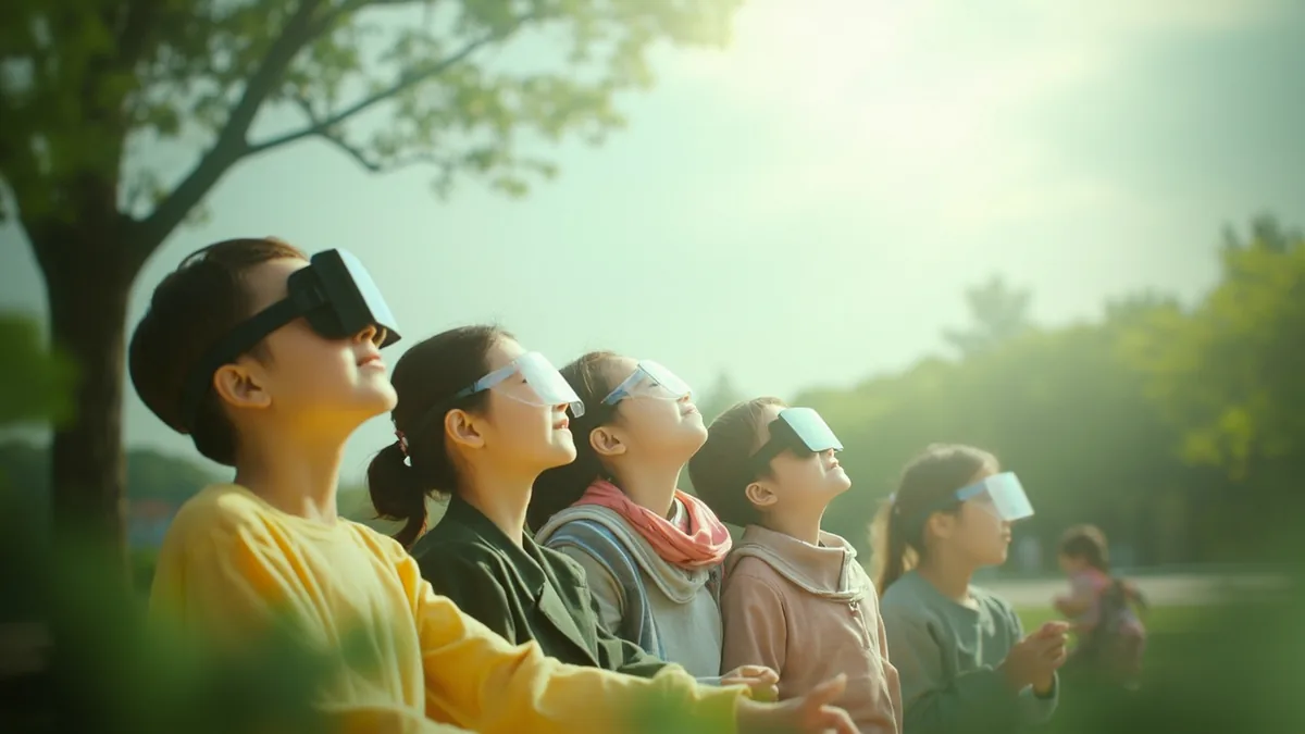 People gaze up at a rare celestial event through special viewing glasses, illustrating “extreme rarity” in Chinese: 百年一遇 (bǎi nián yī yù)
