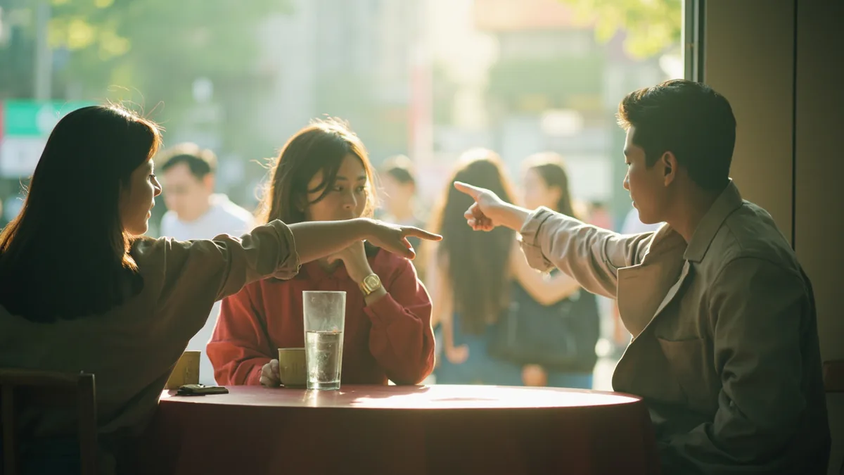Several people spontaneously turn their heads to look at something, illustrating “unplanned simultaneous action” in Chinese: 不约而同 (bù yuē ér tóng)