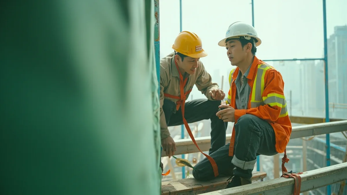 Workers navigate a dangerous part of a construction site with focus, illustrating “risking life and limb” in Chinese: 出生入死 (chū shēng rù sǐ)