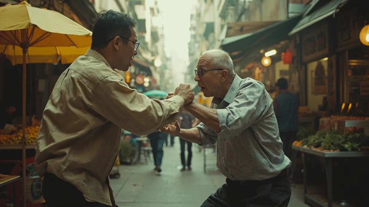 Two people angrily push and shove each other in a public space, illustrating “physical altercation” in Chinese: 大打出手 (dà dǎ chū shǒu)