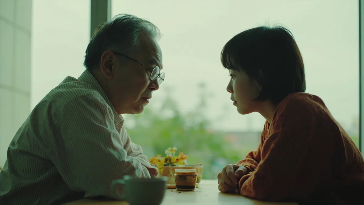 An older person calmly mediates a disagreement between two neighbors, illustrating “a person of integrity” in Chinese: 顶天立地 (dǐng tiān lì dì)