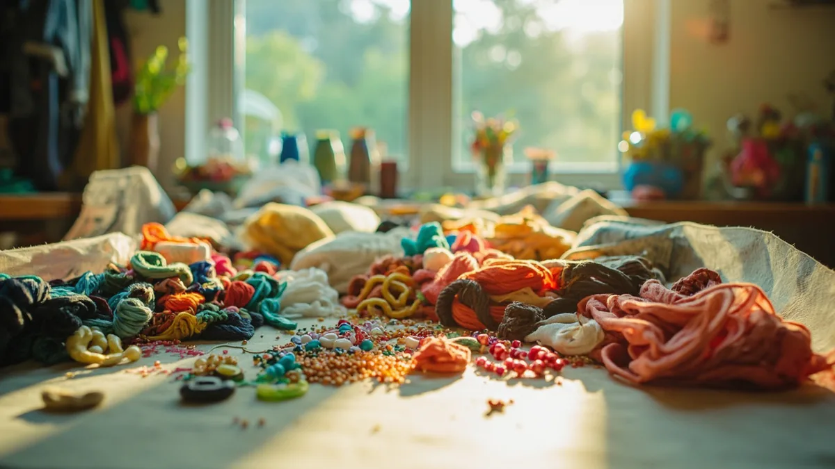 A table displays a vibrant array of diverse craft materials, illustrating “rich and varied content” in Chinese: 丰富多彩 (fēng fù duō cǎi)