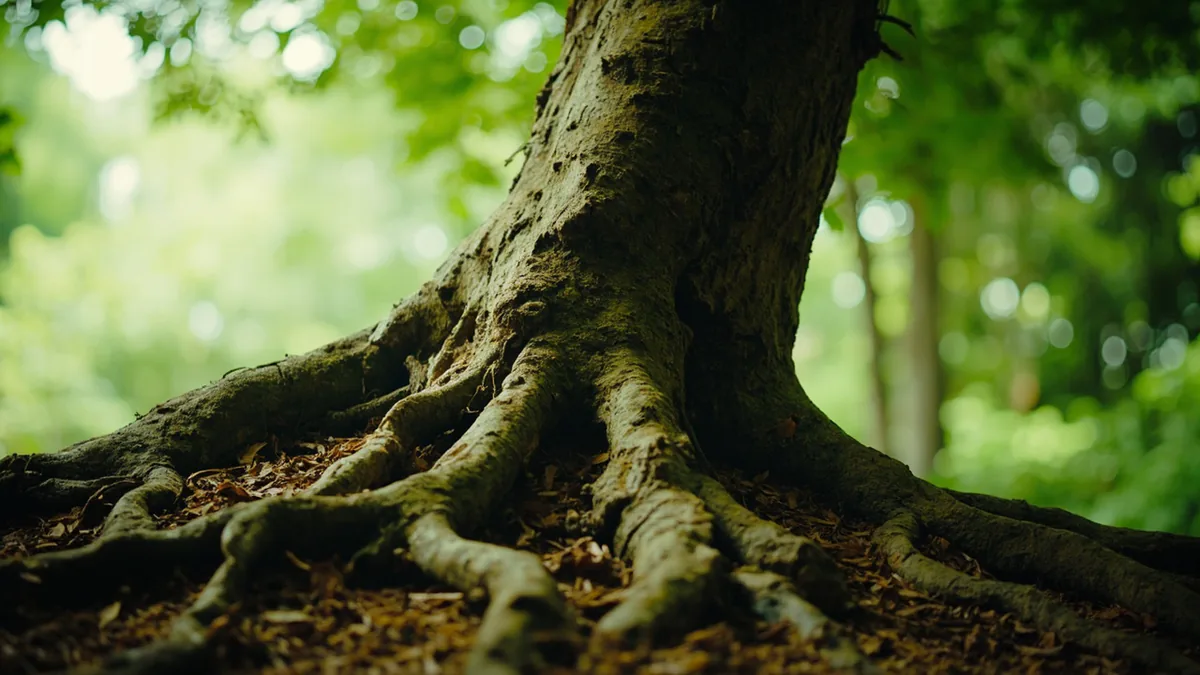 An old, sturdy tree with deep roots stands firm in soil, illustrating “deeply rooted foundation” in Chinese: 根深蒂固 (gēn shēn dì gù)