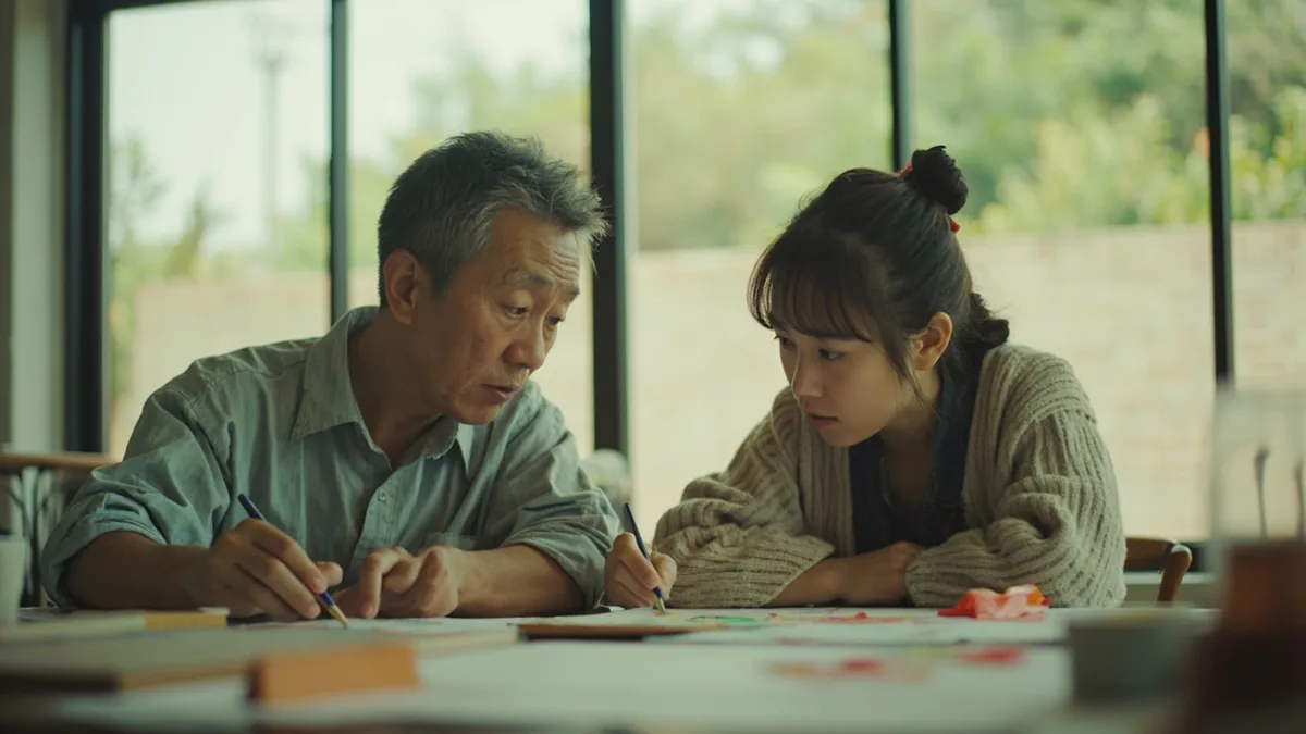 A mentor looks impressed by a student's improved work, illustrating “seeing with new eyes” in Chinese: 刮目相看 (guā mù xiāng kàn)