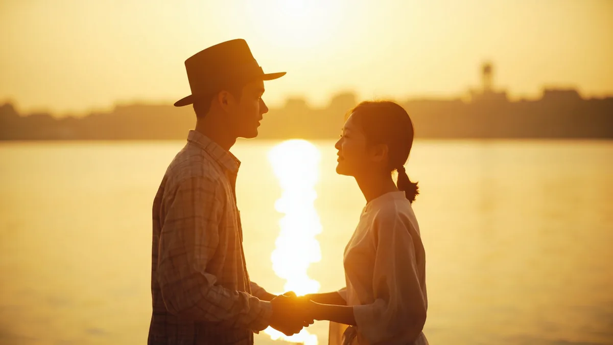 A young couple exchanges heartfelt promises by a scenic lake, illustrating “eternal love vows” in Chinese: 海誓山盟 (hǎi shì shān méng)