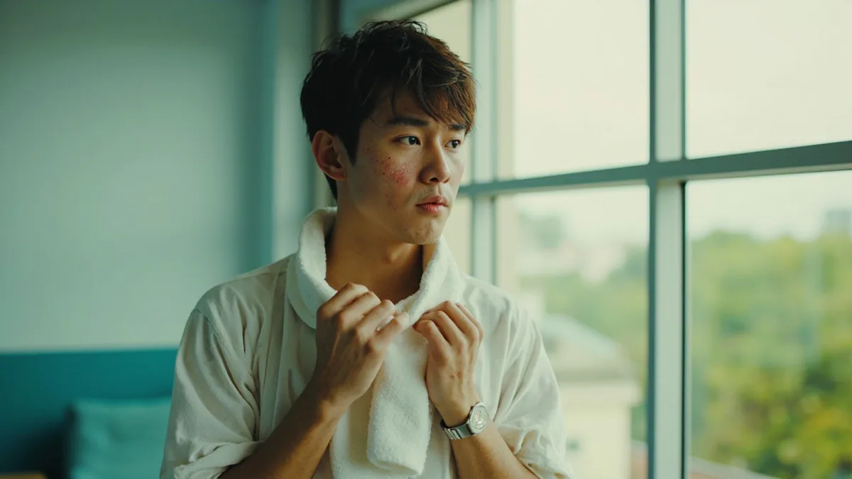 An athlete wipes copious sweat from their brow and neck after a period of intense physical exertion, illustrating “profuse sweating” in Chinese: 汗流浃背 (hàn liú jiā bèi)