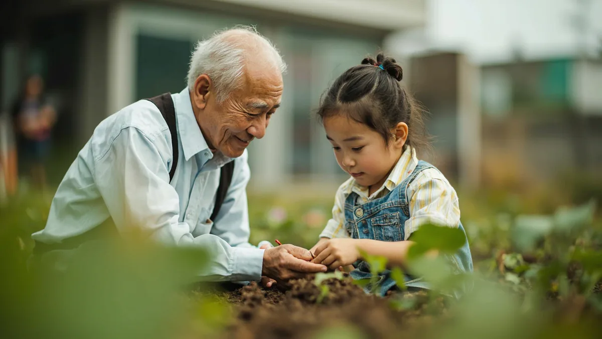 An older woman kindly helps a child in a community garden, illustrating “amiable and kind nature” in Chinese: 和蔼可亲 (hé ǎi kě qīn)