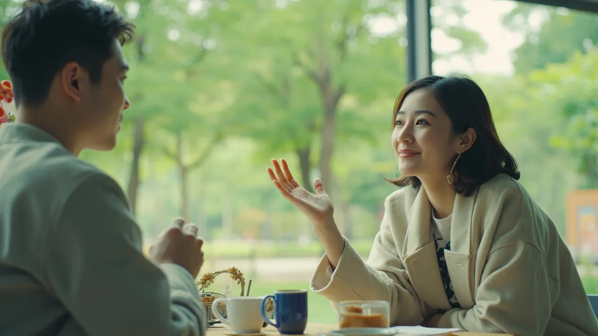 A person changes their mind about a plan during a casual conversation, illustrating “changing one's mind” in Chinese: 回心转意 (huí xīn zhuǎn yì)