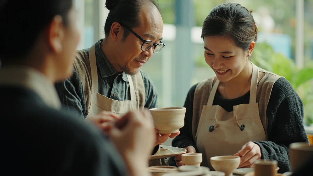 A ceramic artisan proudly presents a high-quality, handmade bowl to a customer, illustrating “genuine goods fair price” in Chinese: 货真价实 (huò zhēn jià shí)