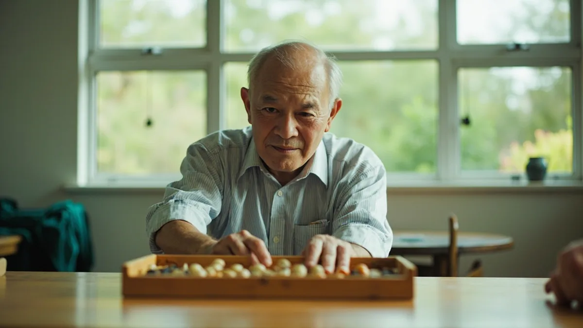 A person stops playing a game at a community center table, illustrating “knowing when to stop” in Chinese: 见好就收 (jiàn hǎo jiù shōu)