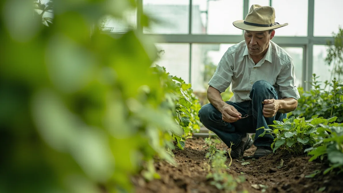 A gardener meticulously tends to young plants in a community garden, illustrating “practical and steady progress” in Chinese: 脚踏实地 (jiǎo tà shí dì)