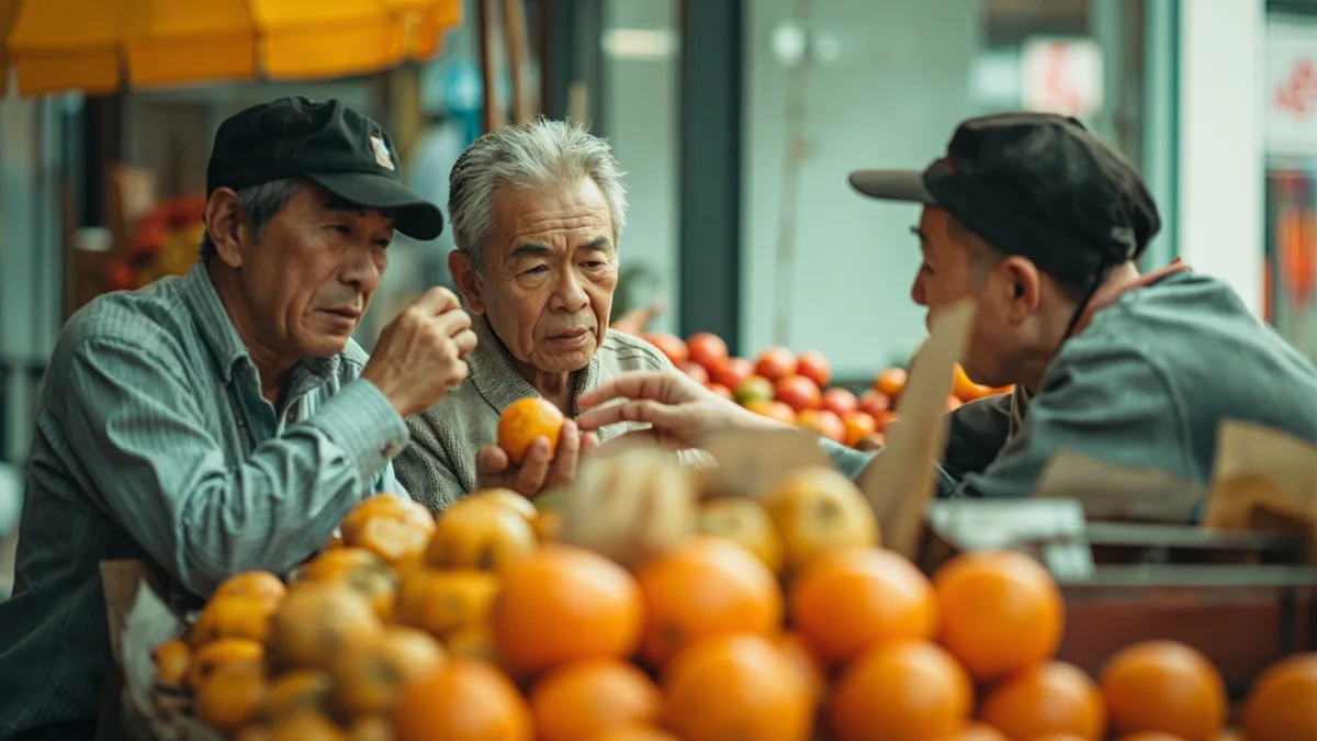 A customer carefully inspects a single piece of fruit at a market stall, illustrating “fussing over trifles” in Chinese: 斤斤计较 (jīn jīn jì jiào)