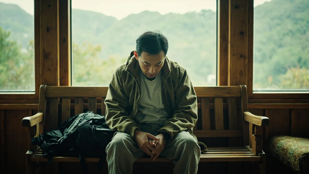 An adult hiker sits exhausted on a park bench after a strenuous climb, illustrating “physical exhaustion” in Chinese: 筋疲力尽 (jīn pí lì jìn)