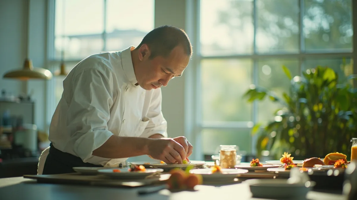 A renowned chef presents a beautifully crafted dish to an appreciative audience, illustrating “world famous” in Chinese: 举世闻名 (jǔ shì wén míng)
