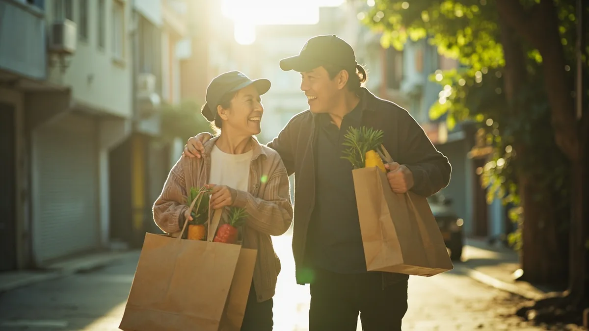 A young person happily assists an elderly neighbor with groceries, illustrating “joy in helping others” in Chinese: 乐于助人 (lè yú zhù rén)