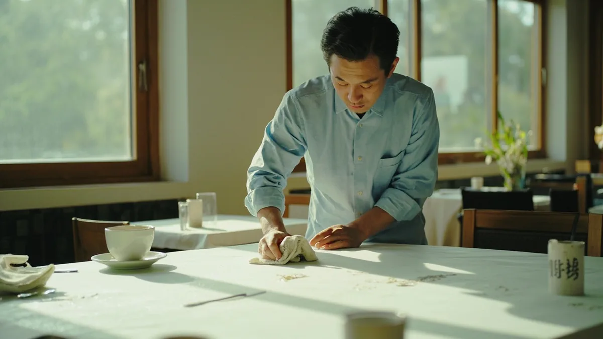 Someone carelessly wipes a table, leaving streaks and missed spots, illustrating “careless and sloppy” in Chinese: 马马虎虎 (mǎ mǎ hǔ hǔ)