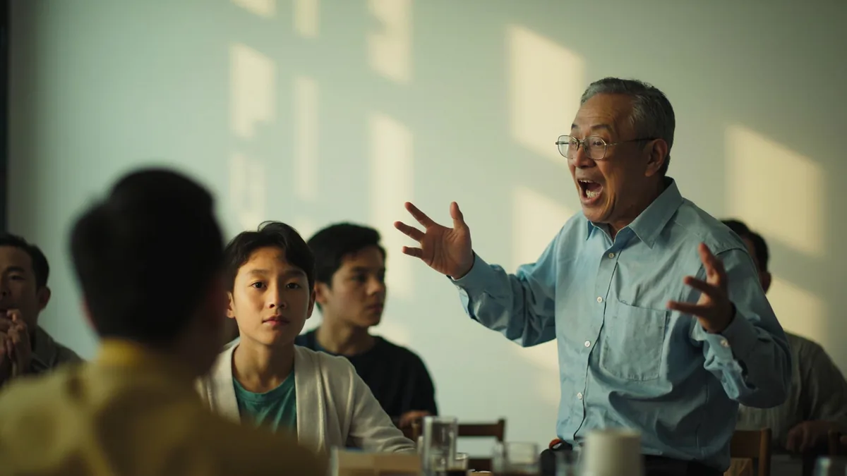 An expressive speaker engages a small group with compelling conversation, illustrating “eloquent speaking ability” in Chinese: 能说会道 (néng shuō huì dào)
