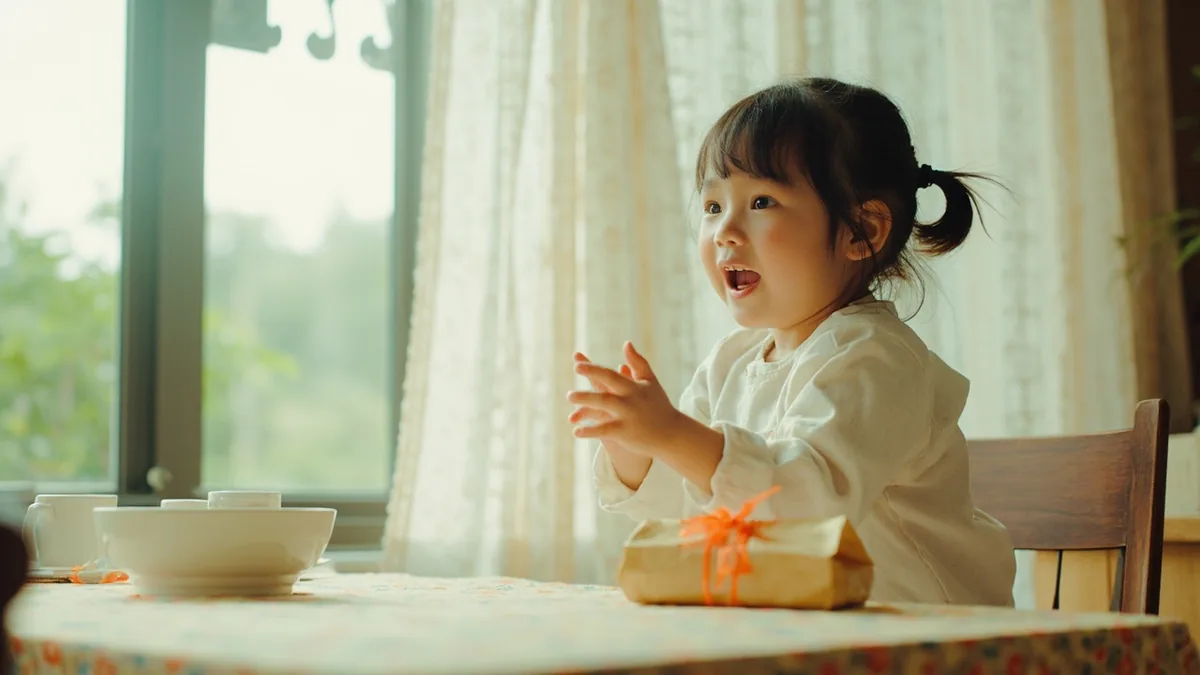 A child eagerly waits to open a small gift package, illustrating “extreme impatience” in Chinese: 迫不及待 (pò bù jí dài)
