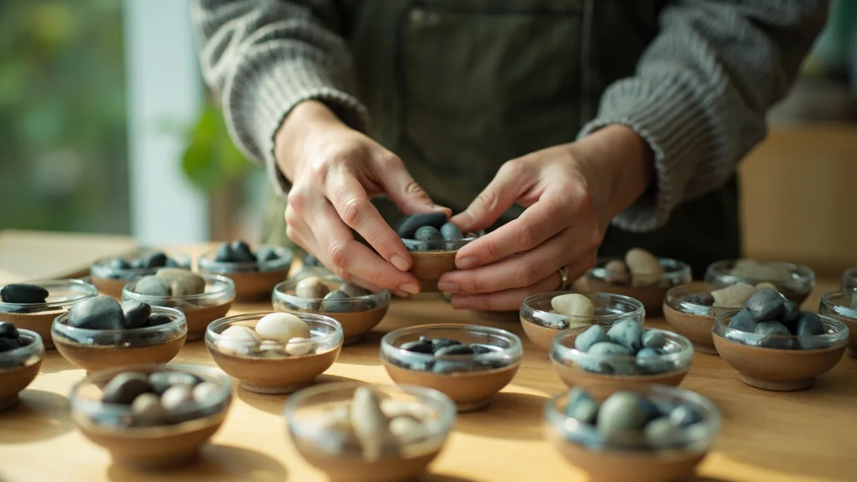 Hands sorting various colorful items into distinct piles or containers, illustrating “many ways and means” in Chinese: 千方百计 (qiān fāng bǎi jì)