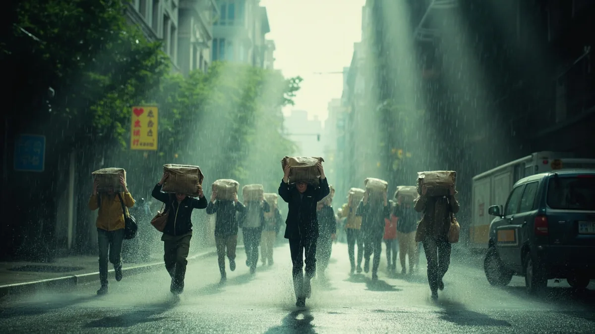 People run for cover during a sudden, very heavy rain shower, illustrating “heavy downpour” in Chinese: 倾盆大雨 (qīng pén dà yǔ)
