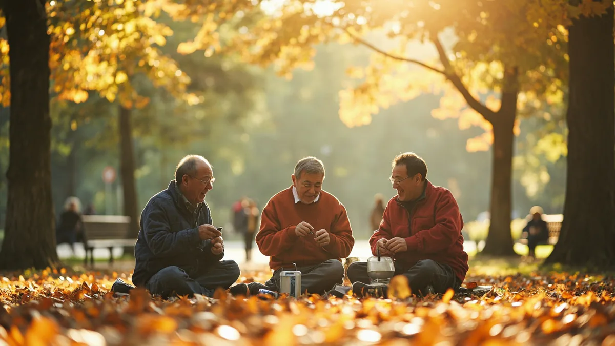 People enjoy a clear and crisp autumn day in a park, illustrating “pleasant autumn weather” in Chinese: 秋高气爽 (qiū gāo qì shuǎng)