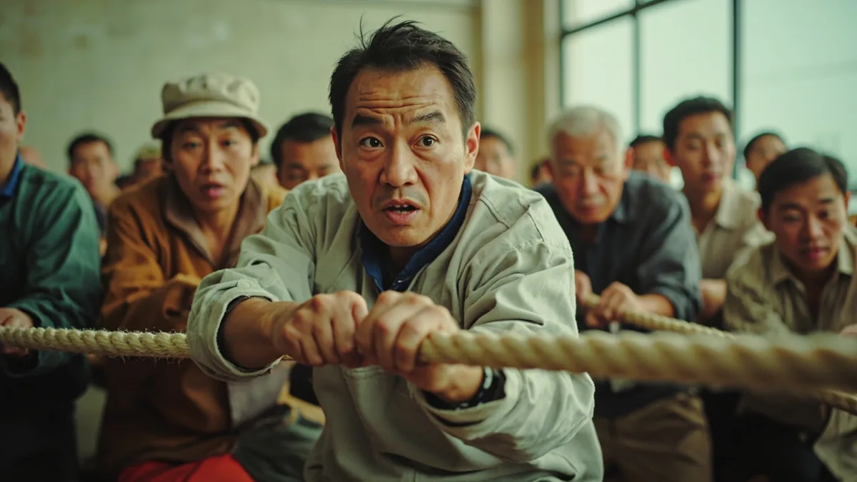 Athletes strain with full effort during a tug-of-war game, illustrating “full effort dedication” in Chinese: 全力以赴 (quán lì yǐ fù)