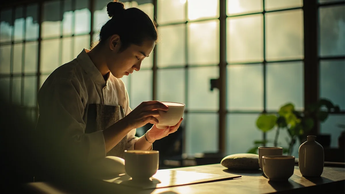 An artisan meticulously inspects a perfectly crafted ceramic bowl, illustrating “absolute perfection” in Chinese: 十全十美 (shí quán shí měi)