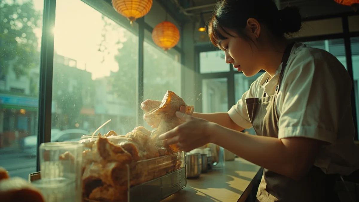 A cafe worker juggles multiple orders during a busy rush, illustrating “frantic hurried state” in Chinese: 手忙脚乱 (shǒu máng jiǎo luàn)