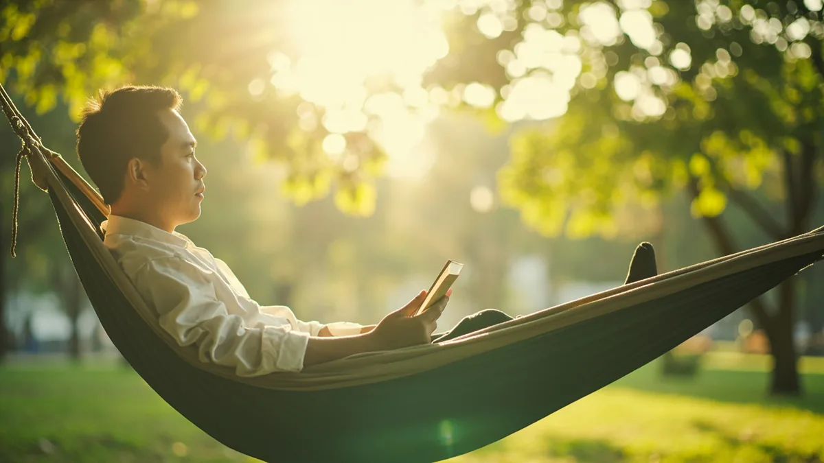 A person relaxes freely in a hammock in a peaceful park, illustrating “doing as one pleases” in Chinese: 随心所欲 (suí xīn suǒ yù)