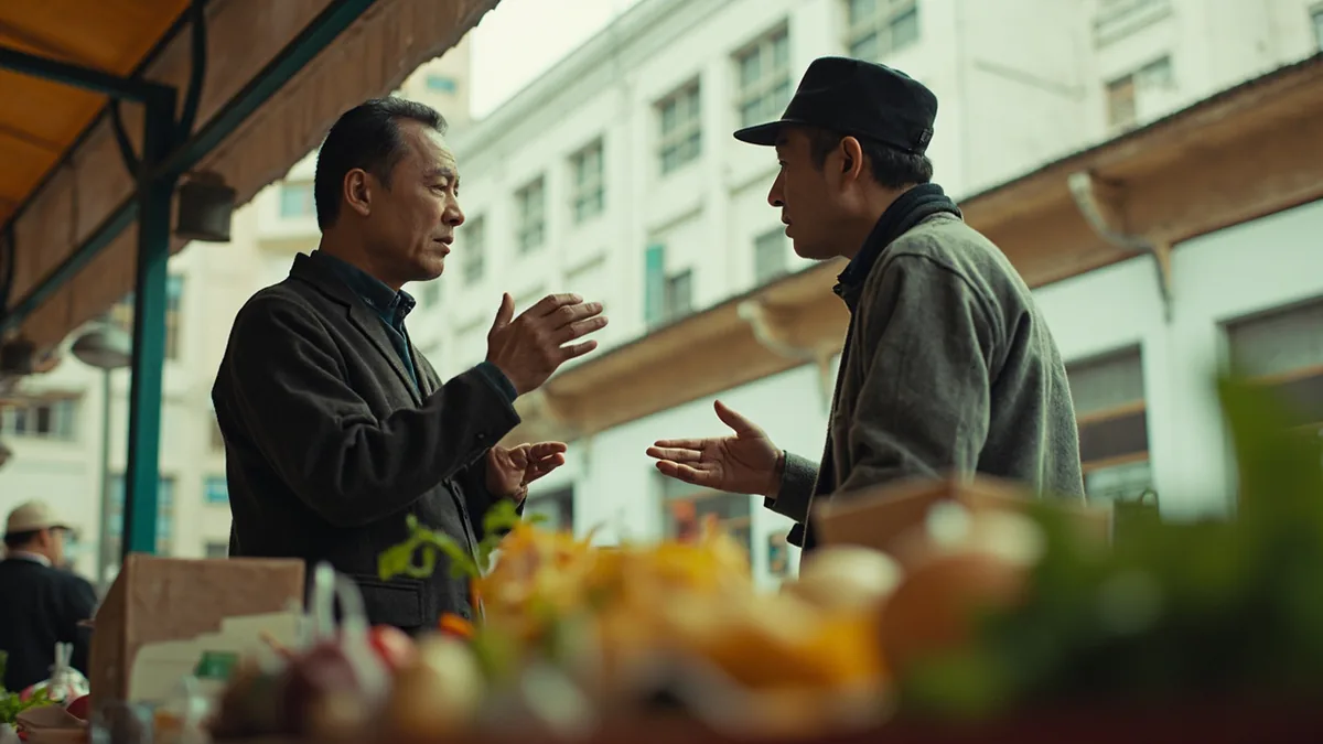 Two people engage in animated discussion over prices at a market stall, illustrating “price negotiation” in Chinese: 讨价还价 (tǎo jià huán jià)