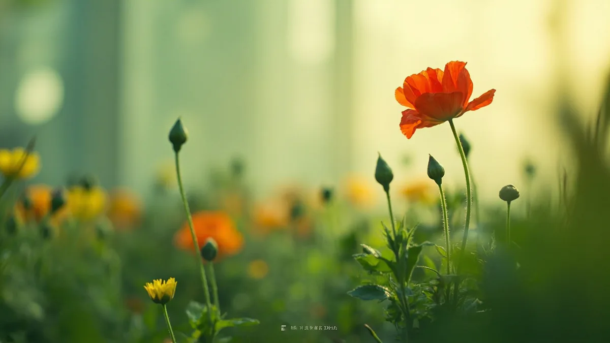 A single vibrant flower stands out beautifully among many buds, illustrating “standing out from the crowd” in Chinese: 脱颖而出 (tuō yǐng ér chū)
