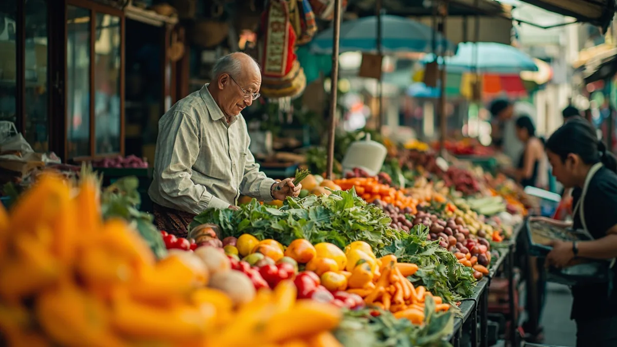 A vendor displays a colorful assortment of fresh produce at a lively outdoor market, illustrating “wide variety of things” in Chinese: 五花八门 (wǔ huā bā mén)