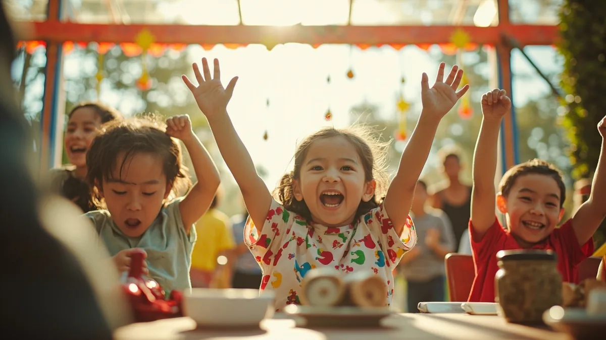 Children cheer with excitement after winning a game at a festival, illustrating “great joy and excitement” in Chinese: 兴高采烈 (xìng gāo cǎi liè)