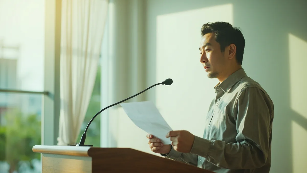A speaker confidently prepares notes before a presentation, illustrating “full confidence from preparation” in Chinese: 胸有成竹 (xiōng yǒu chéng zhú)