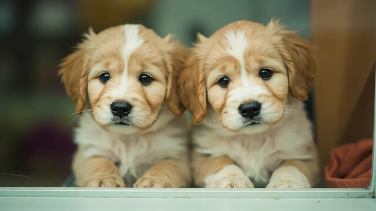 Two identical puppies gaze curiously from a pet shop window, illustrating “exact same appearance” in Chinese: 一模一样 (yī mú yī yàng)