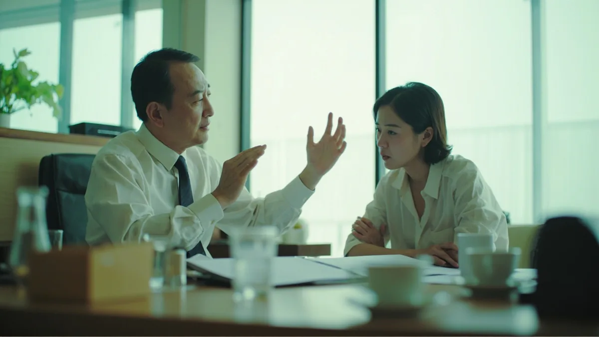A powerful figure dismisses evidence held by a subordinate, illustrating “abusing power to deceive” in Chinese: 一手遮天 (yī shǒu zhē tiān)