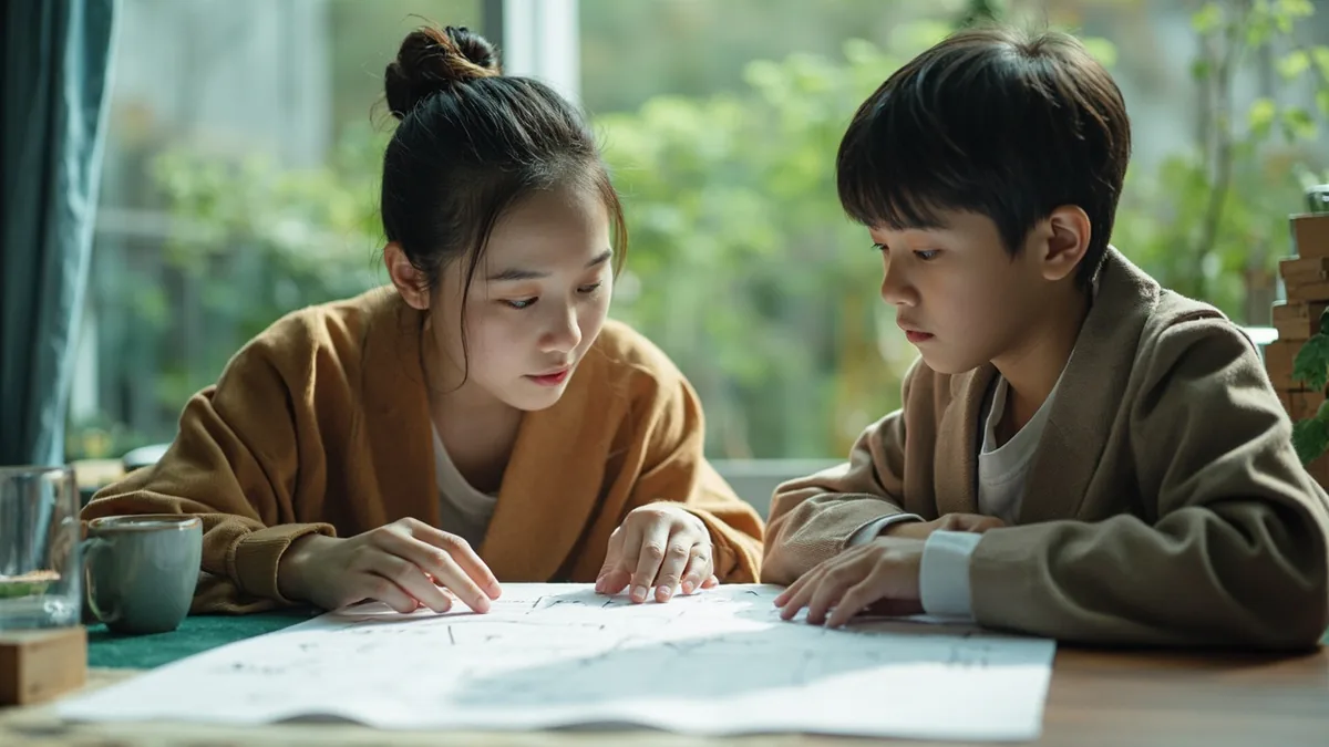 A teacher explains a complex diagram to a student, illustrating “full detailed account” in Chinese: 一五一十 (yī wú yī shí)
