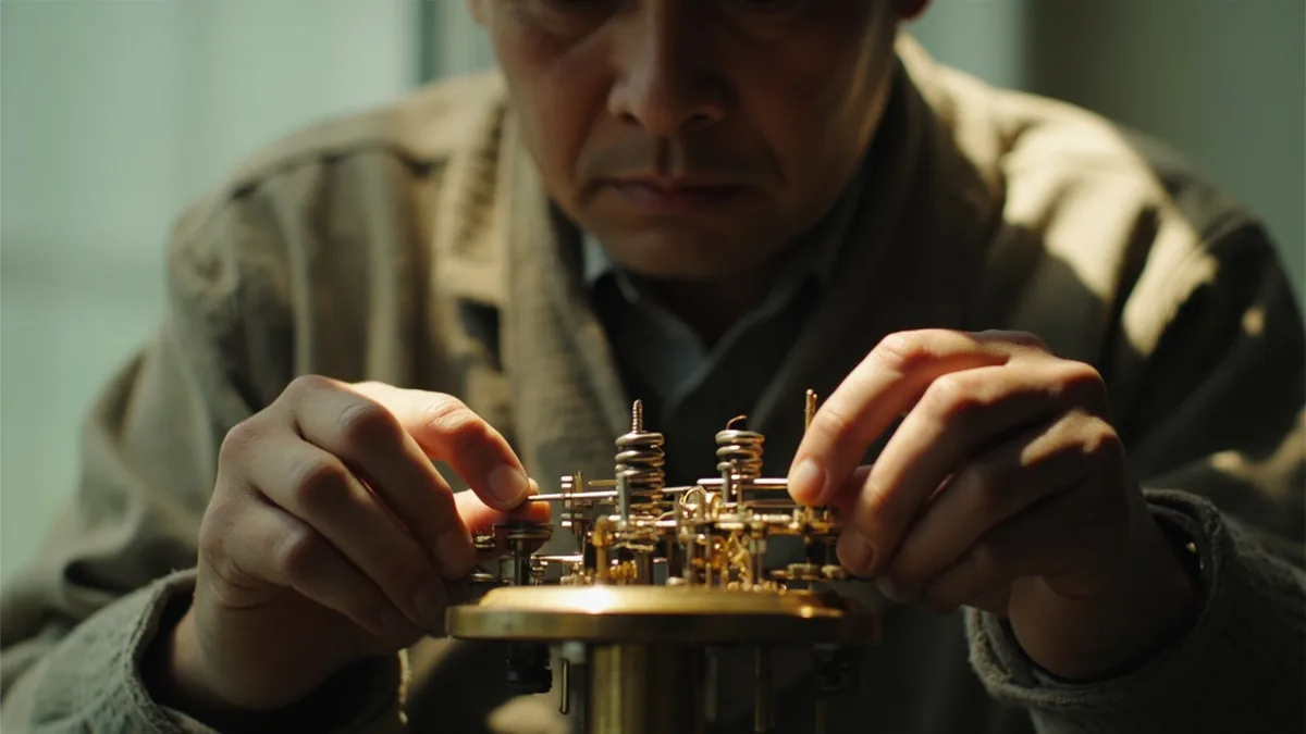 A craftsman's hands precisely manipulate tiny components with unwavering attention, illustrating “single-minded focus” in Chinese: 一心一意 (yī xīn yī yì)