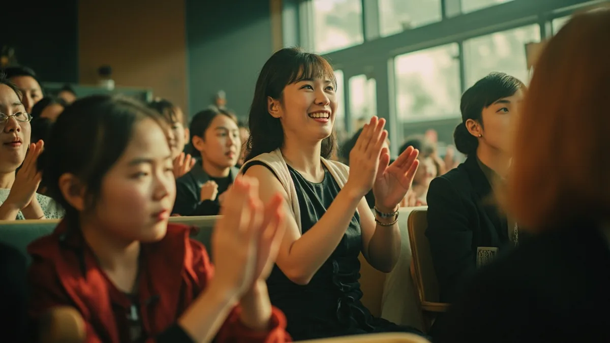An audience member claps enthusiastically after a performance, illustrating “endless admiration” in Chinese: 赞叹不已 (zàn tàn bù yǐ)