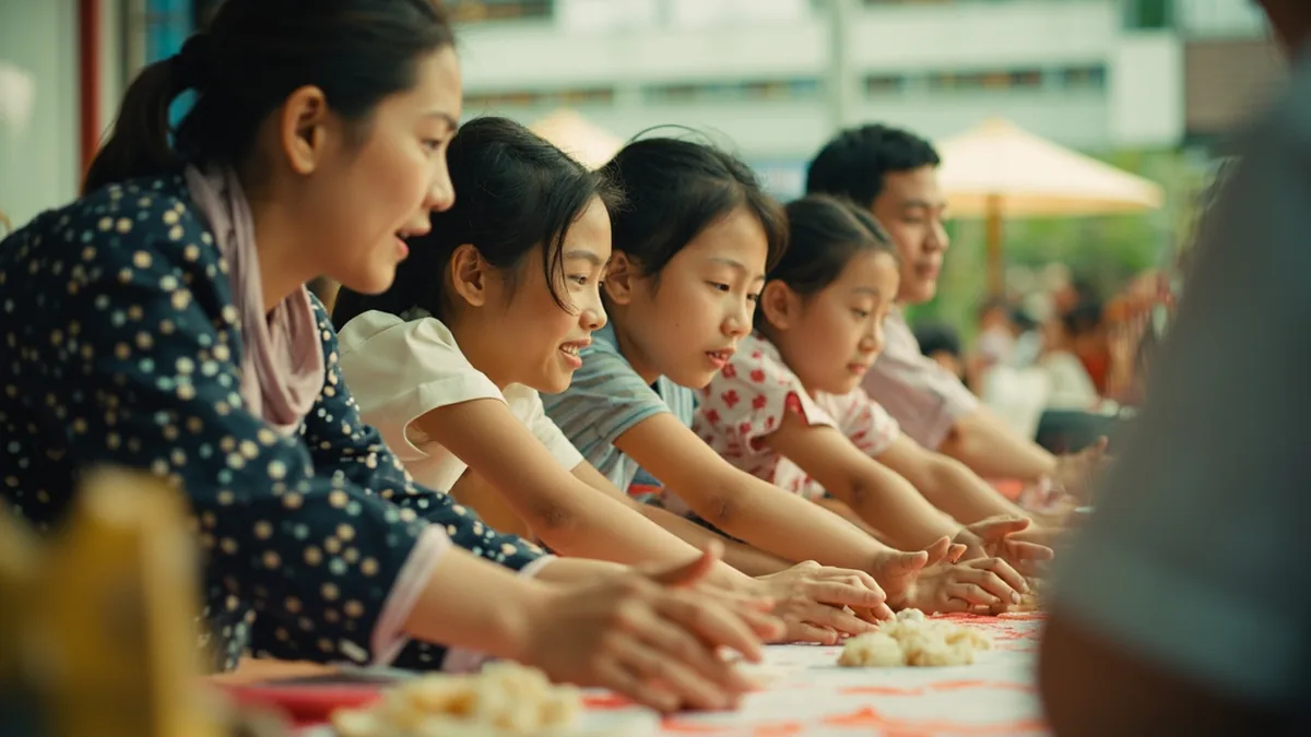 Many people reach for limited items at a community event, illustrating “vying to be first” in Chinese: 争先恐后 (zhēng xiān kǒng hòu)