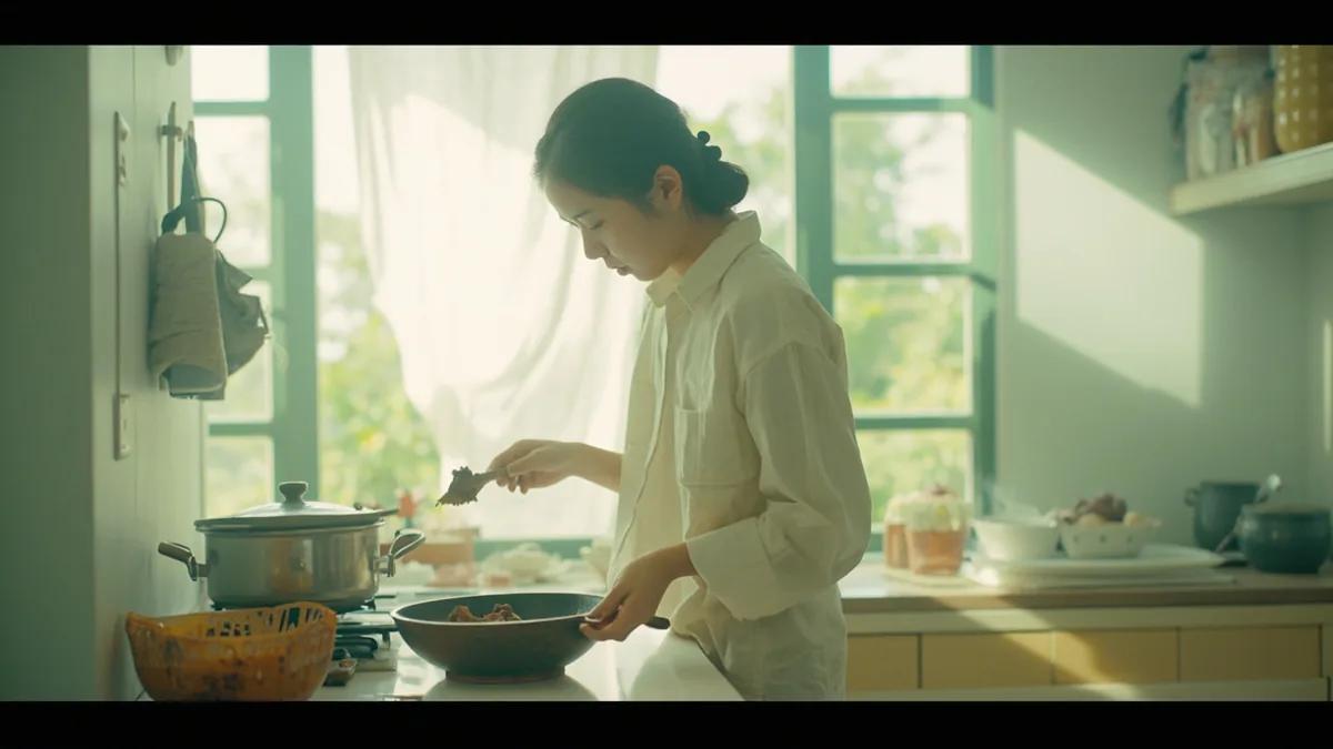 A person looks rueful after a small cooking mishap in a kitchen, illustrating “consequences of one's actions” in Chinese: 自作自受 (zì zuò zì shòu)