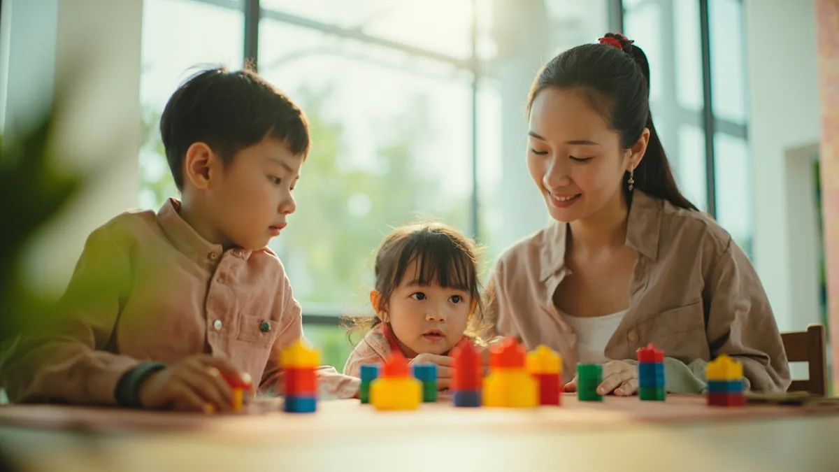 A teacher points to objects while counting for young children, illustrating “1 2 3” in Chinese: 一二三 (yī èr sān)