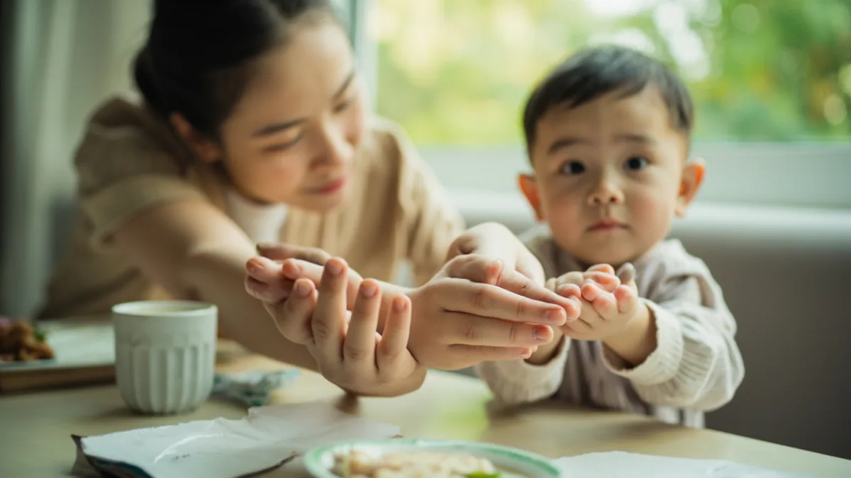 A parent counts fingers on a child's hand during a game, illustrating “1 to 10” in Chinese: 一二三四五六七八九十 (yī èr sān sì wǔ liù qī bā jiǔ shí)