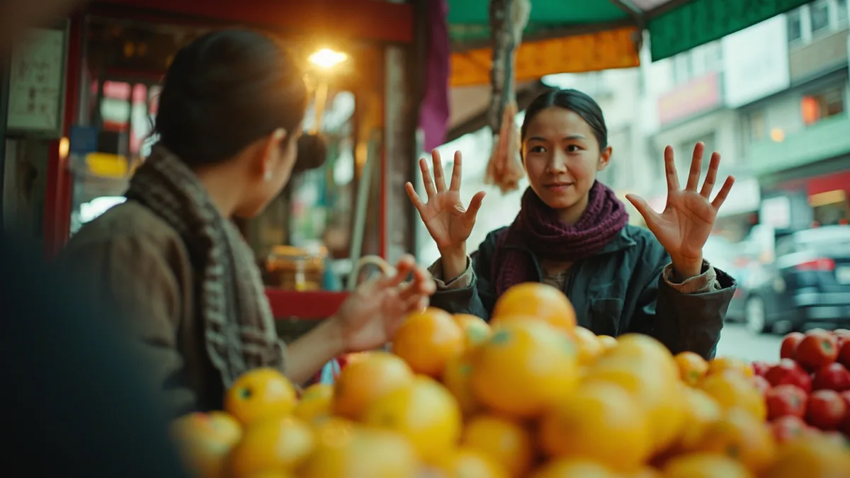 A customer gestures for a specific quantity of fresh produce, illustrating “10” in Chinese: 十 (shí)