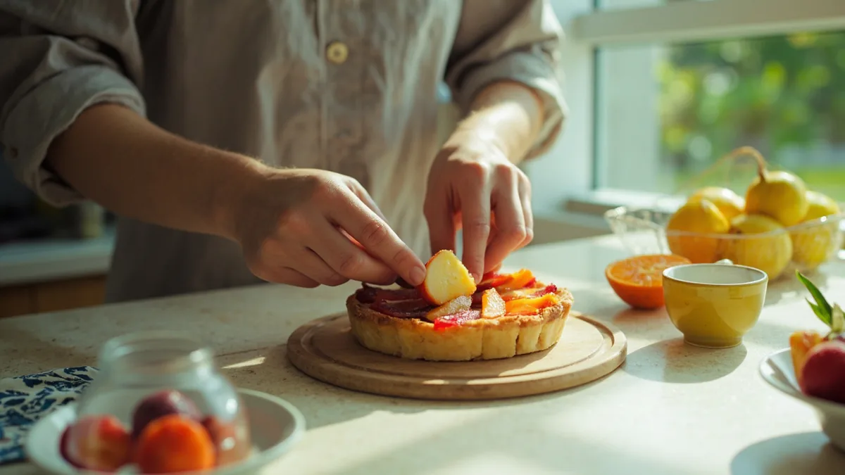Hands set apart one small slice from a whole tart, illustrating “10 percent” in Chinese: 百分之十 (bǎifēn zhī shí)