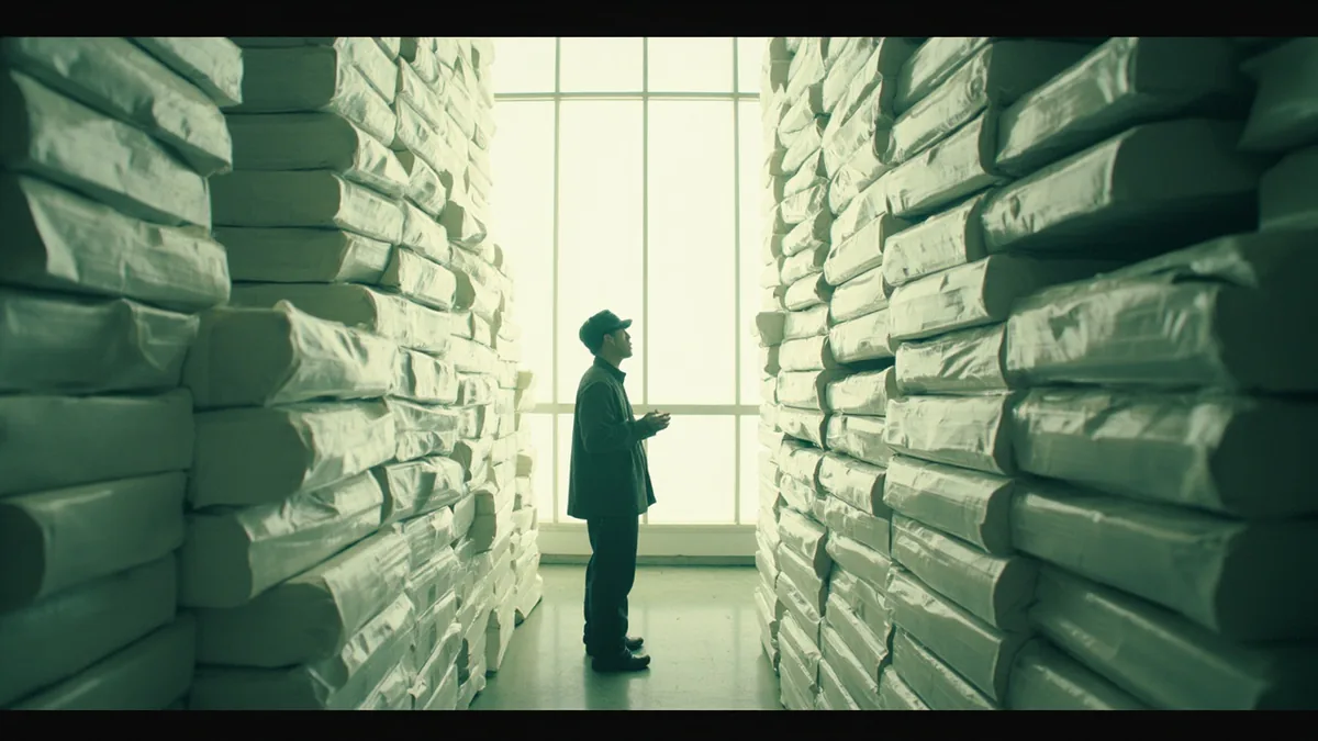 A person observes an immense collection of tiny objects in a warehouse, illustrating “100 million (yì)” in Chinese: 亿 (yì)