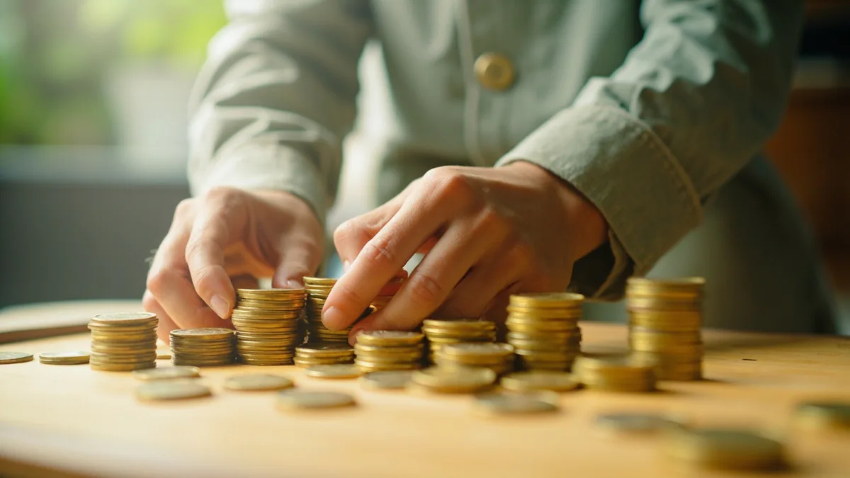 A pair of hands stacks many coins into tall towers, illustrating “ten thousand” in Chinese: 一万 (yí wàn)