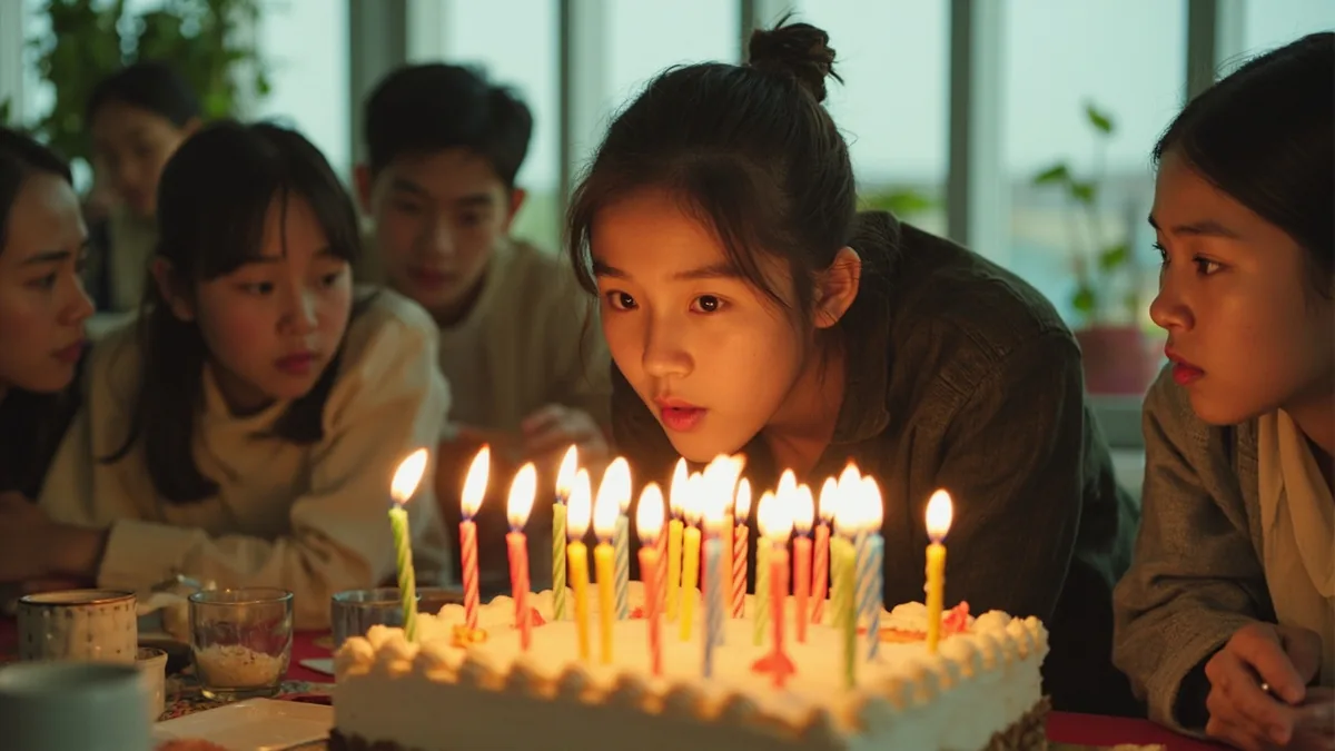 A young adult blows out candles on a birthday cake, illustrating “twenty” in Chinese: 二十 (èrshí)