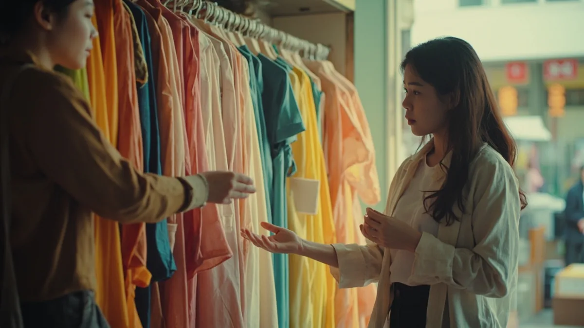 A customer's hand points at clothing, a shop assistant gestures a special deal, illustrating “20% off” in Chinese: 打八折 (dǎ bā zhé)